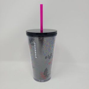 Starbucks 2021 Black Glitter Pink Poinsettia Tumbler 16oz Grande Holiday